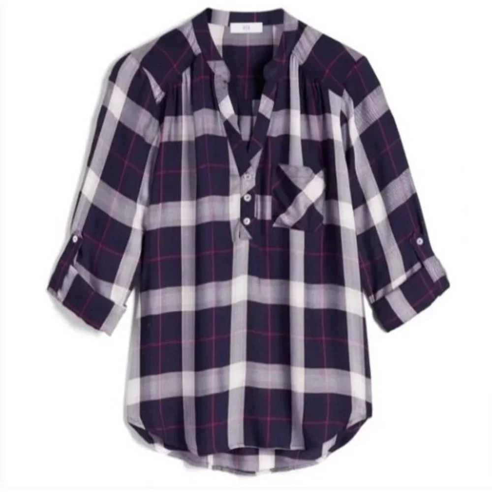 NSR Blue Pink Plaid 3/4 Sleeve Partial Button Down Popover Casual Top Size S - Picture 7 of 7